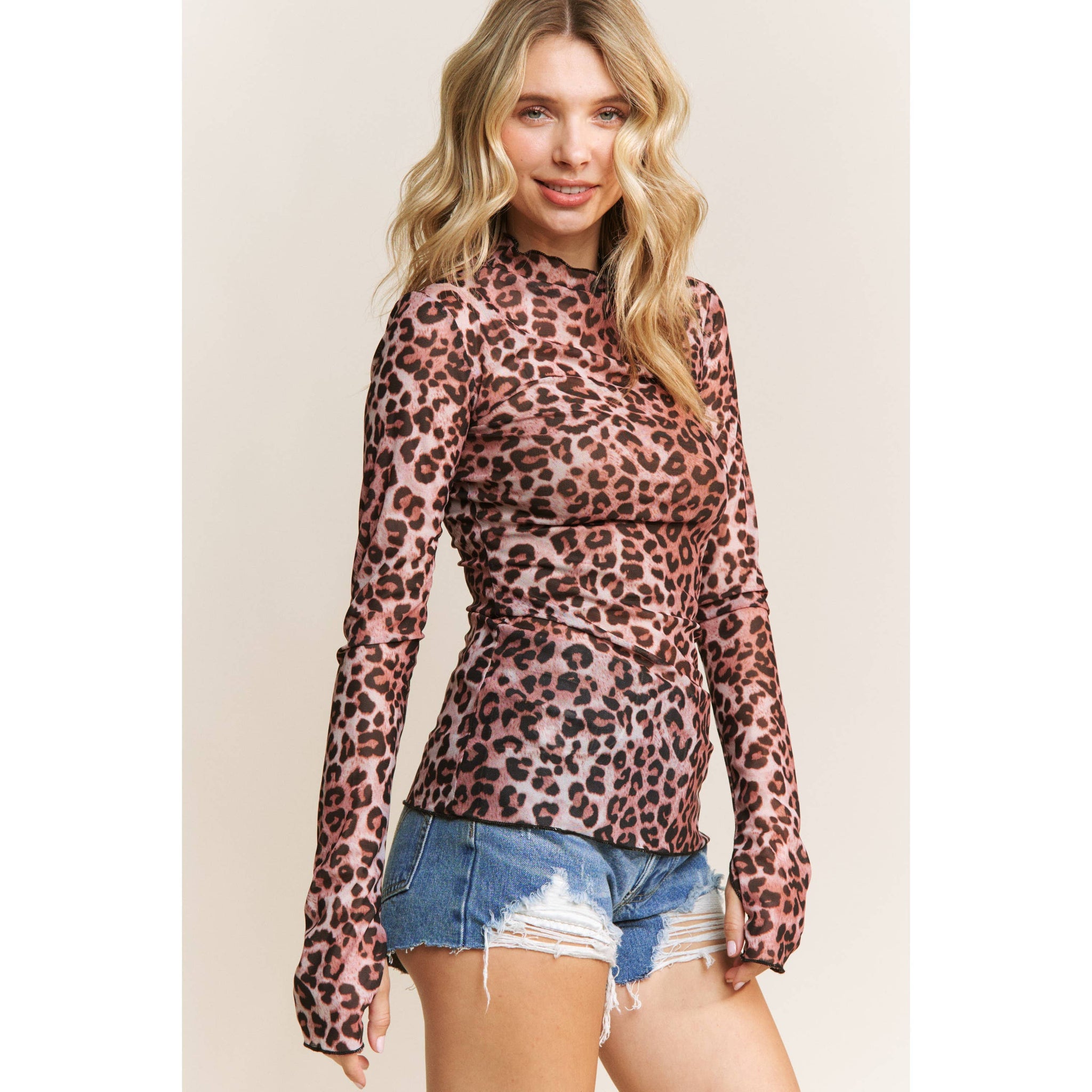 CHIC ANIMAL PRINT MESH HIGH NECK DESIGN LONG SLEEVE FITTED T: