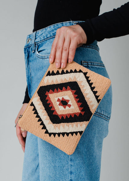 Tan, Black & Rust Aztec Wristlet