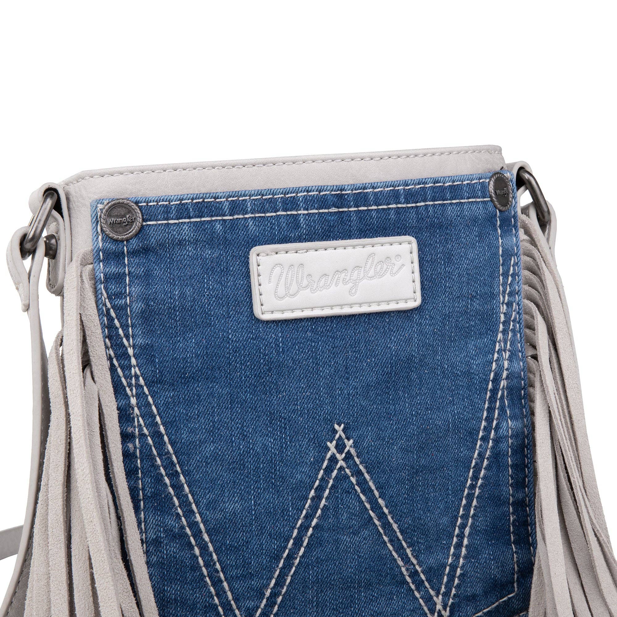 WG44-8360 Wrangler Leather Fringe Jean Denim Pocket Crossbody - White: Beige