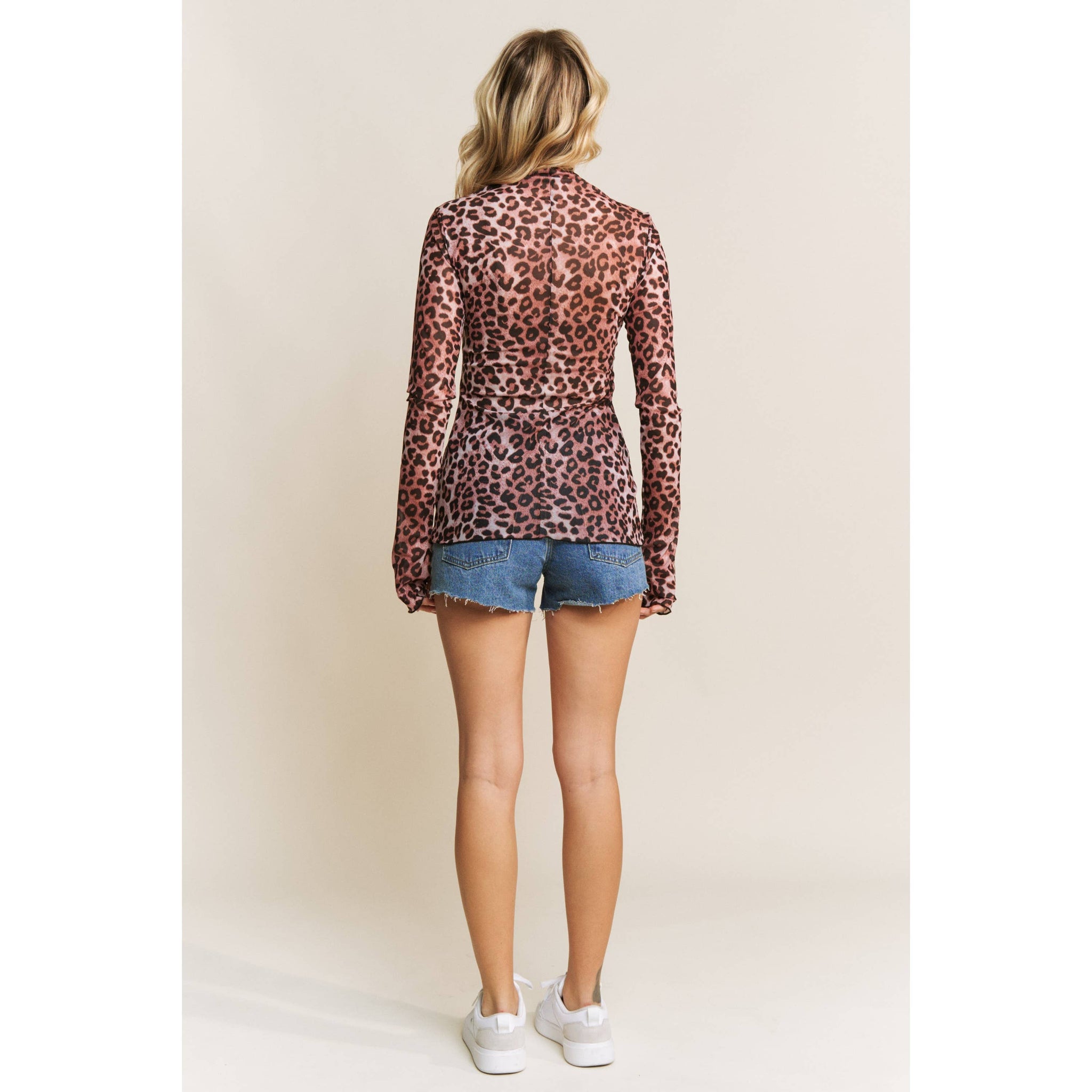 CHIC ANIMAL PRINT MESH HIGH NECK DESIGN LONG SLEEVE FITTED T: