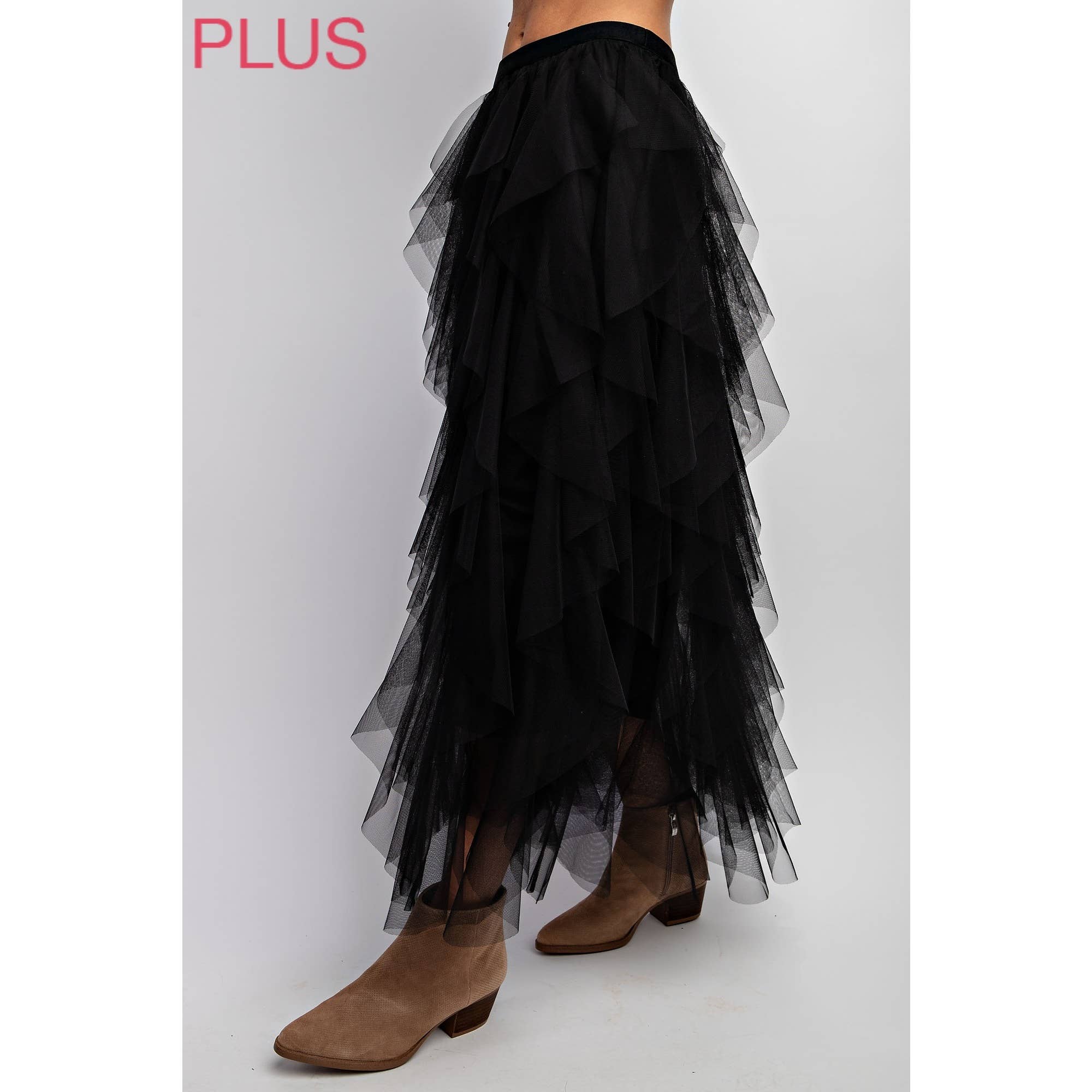 PLUS CASCADING TULLE MESH LAYERED MAX SKIRT: Black