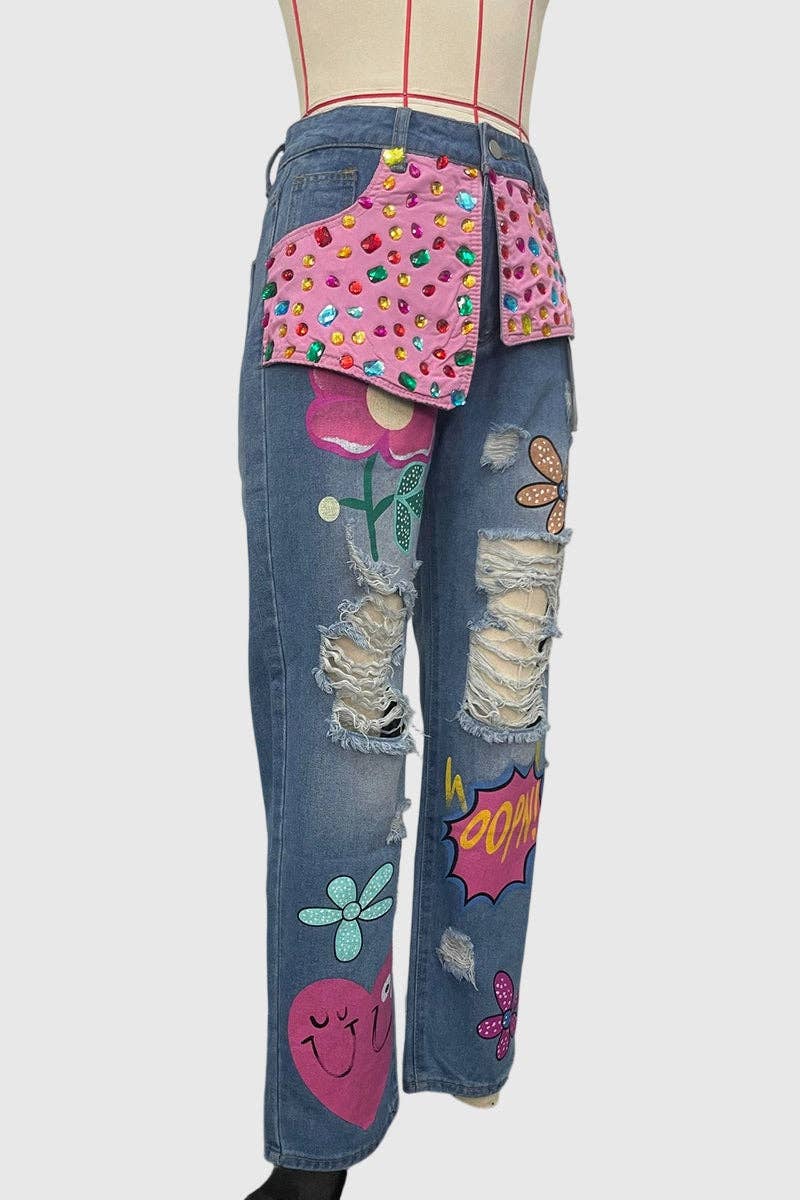 Embellished Wide-Leg Jeans: BLUE