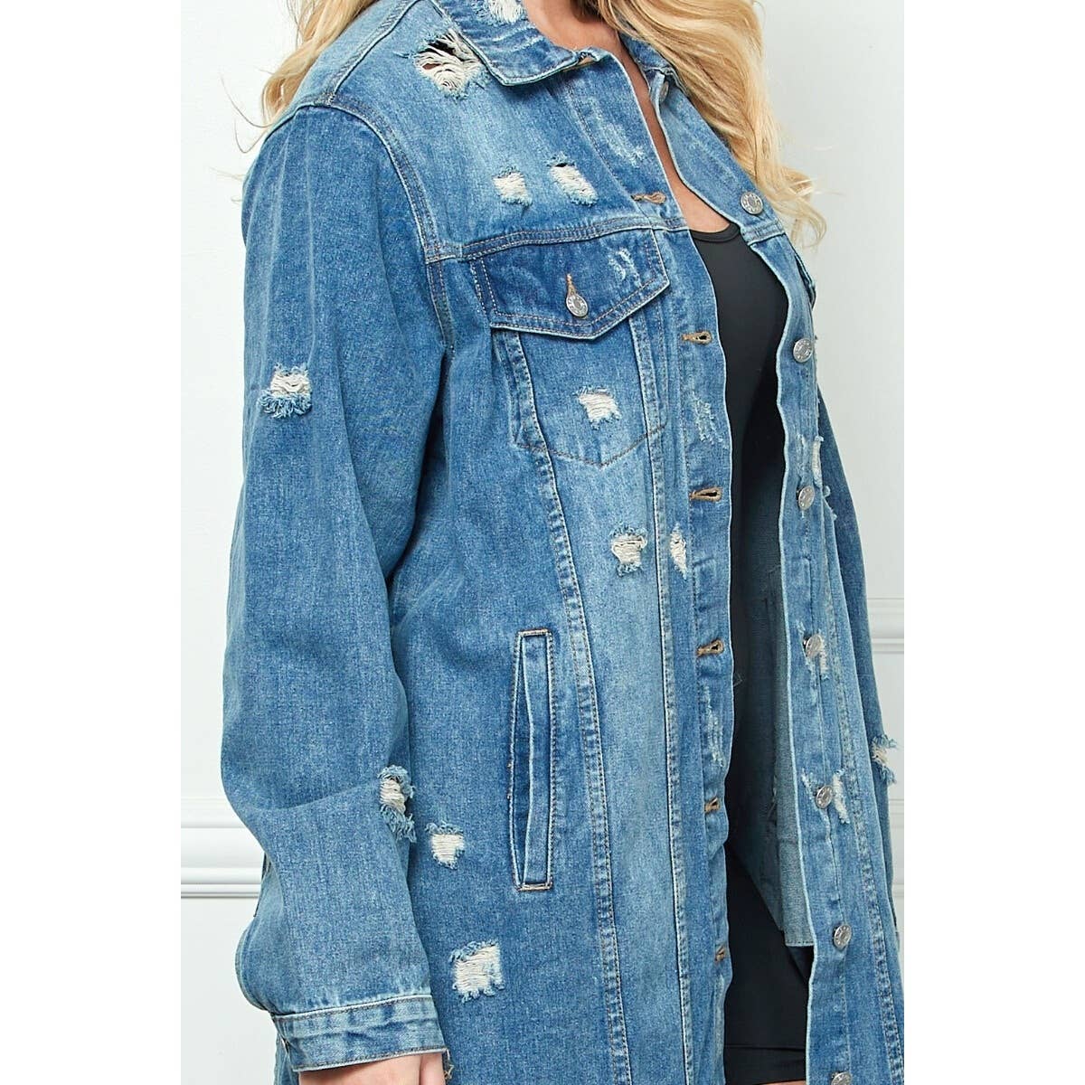 Plus Size Distressed Long Denim Jacket: Medium Wash