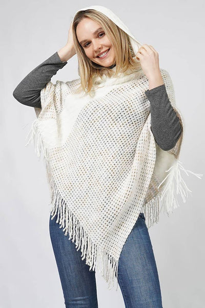 Multi Color Knit Hooded Poncho: Ivory