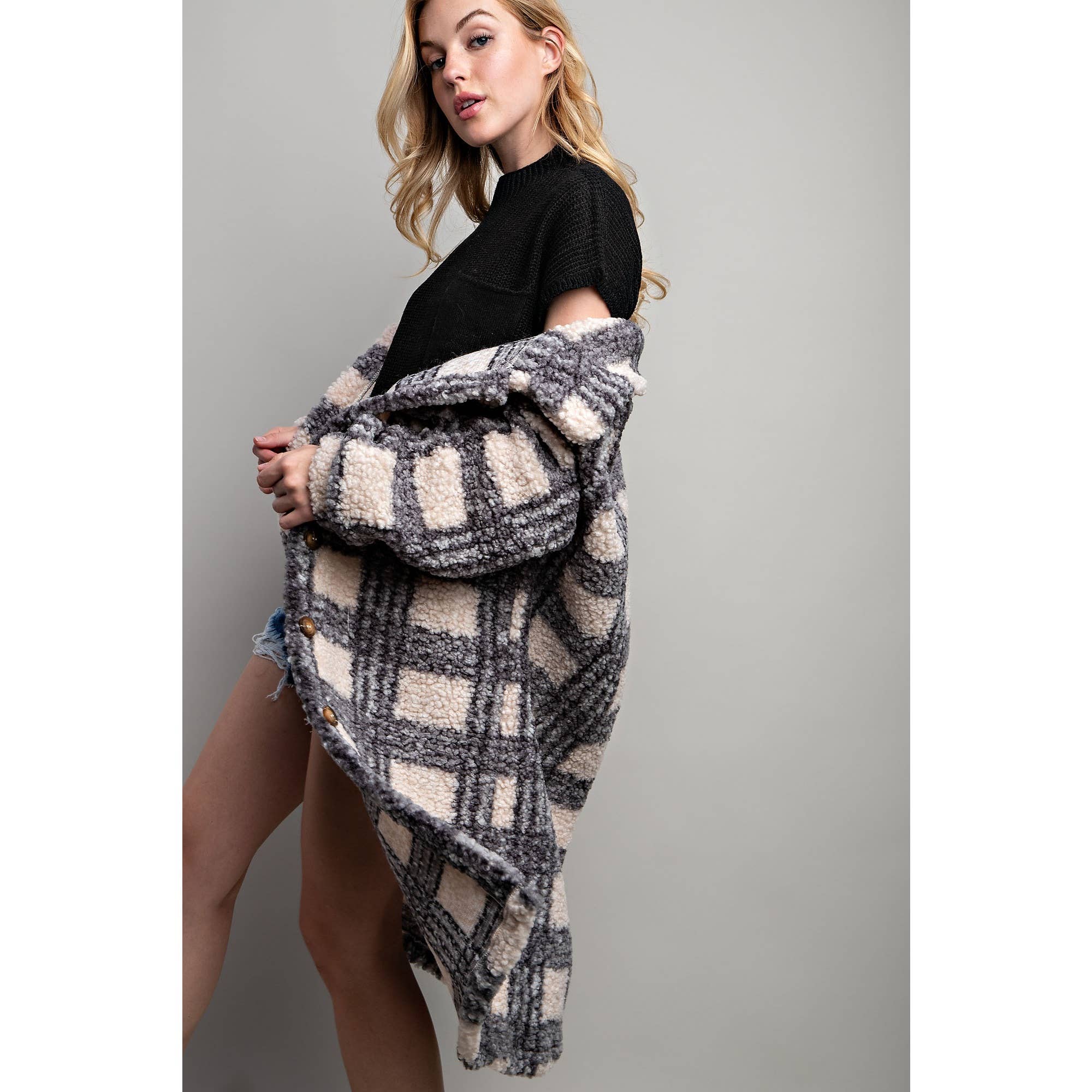 PLAID TEDDY OVERSIZE JACKET:Navy