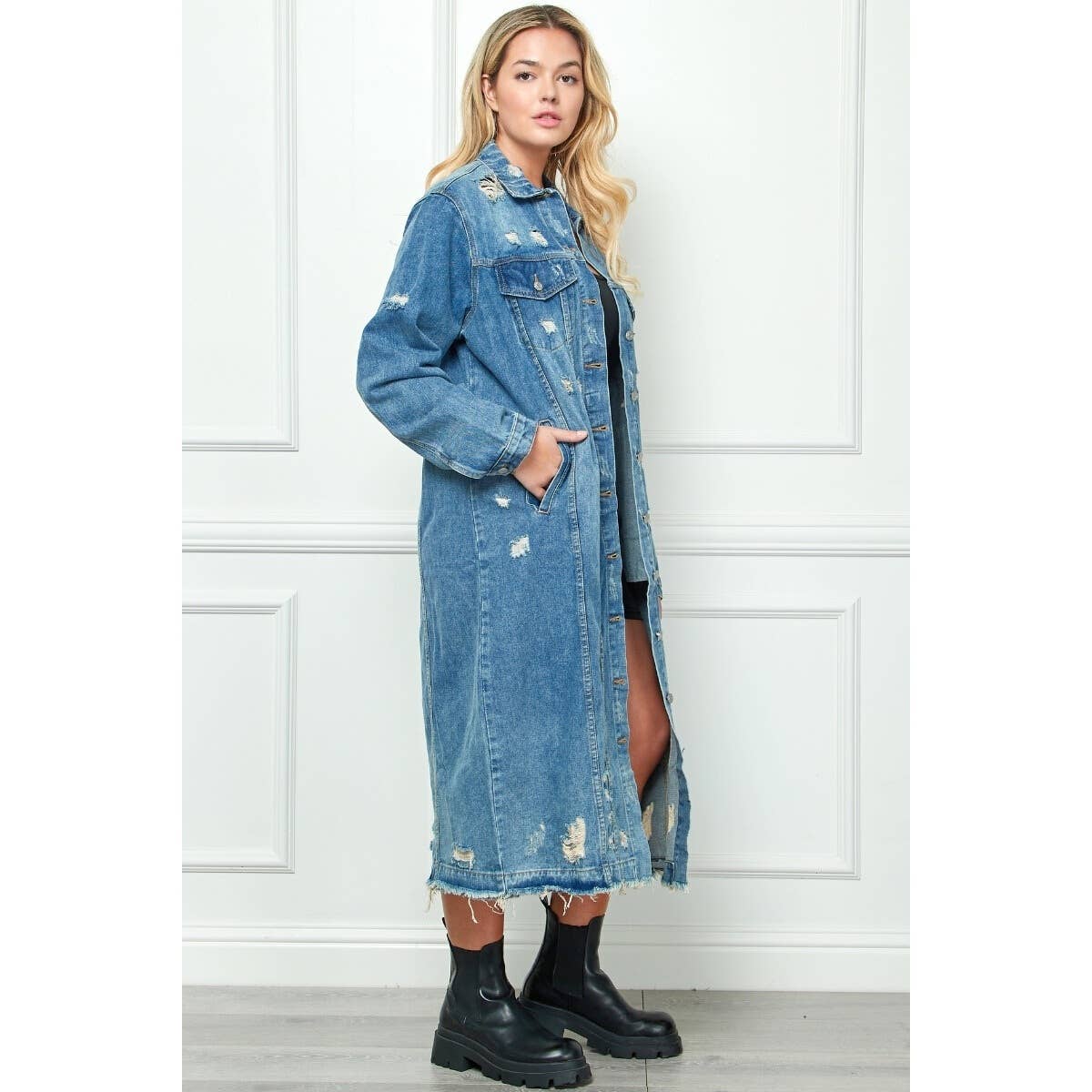 Plus Size Distressed Long Denim Jacket: Medium Wash