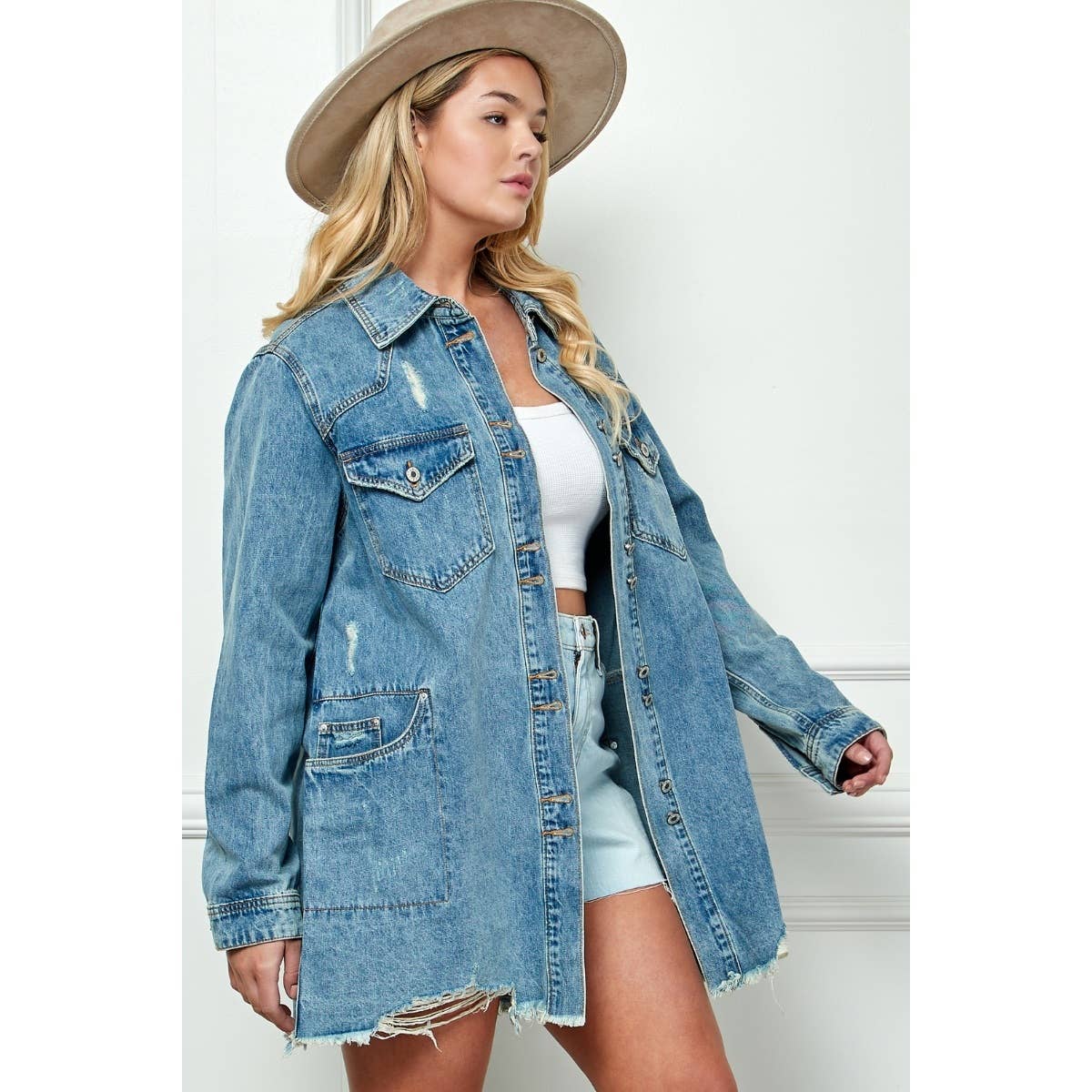 Plus Size Medium Washed Denim Shirts Jacket: Med Wash