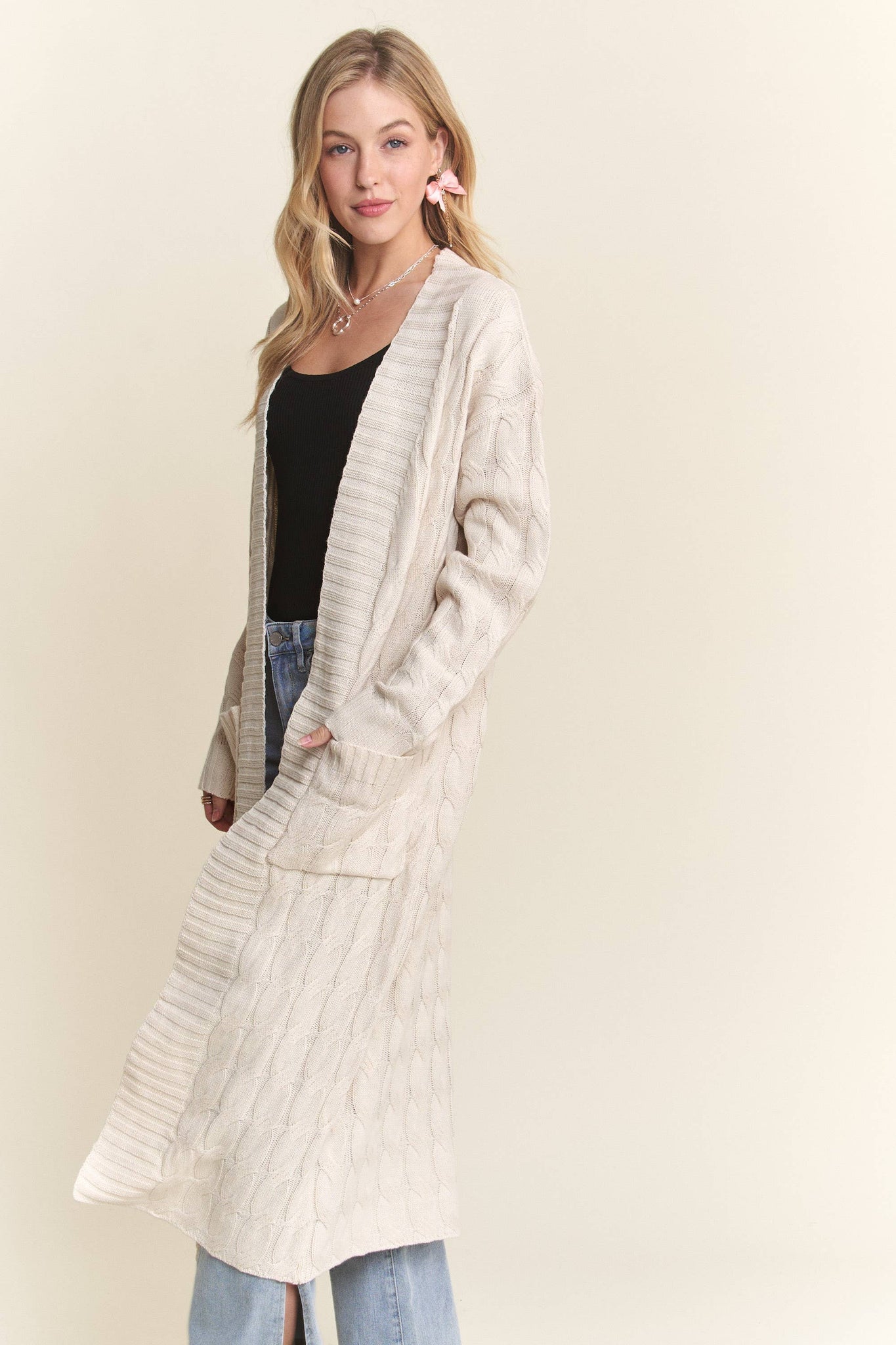 CESW3774 - CABLE KNIT SWEATER CARDIGAN WITH POCKET: NATURAL
