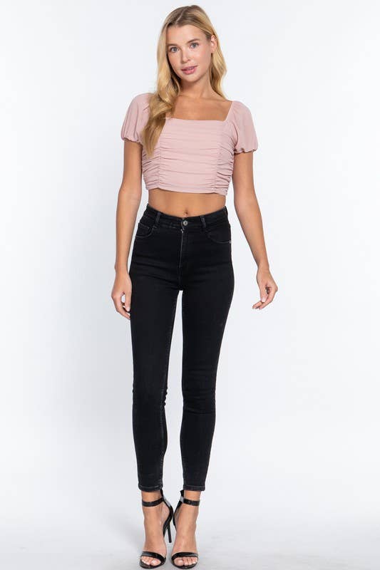 Straight Neck Ruched Cross Back Woven Top: Pnk-Dusty Pink
