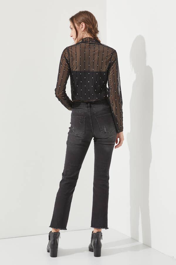 PLUS SIZE MOCK NECK MESH FLOCKED TOP: BLACK