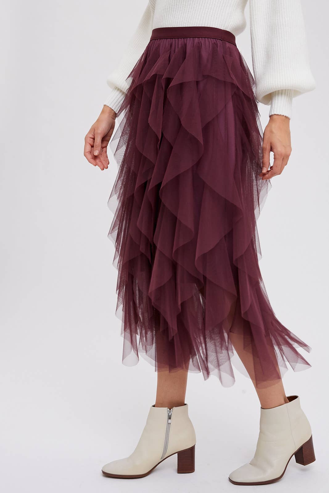 SPRIAL RUFFLED TULLE MIDI SKIRT