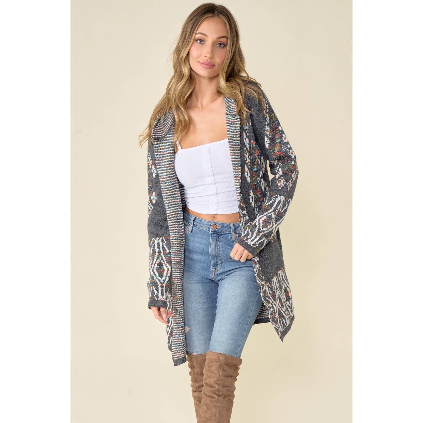 Aztec Rainbow Jacquard Long Sleeve Hooded Cardigan: GREY