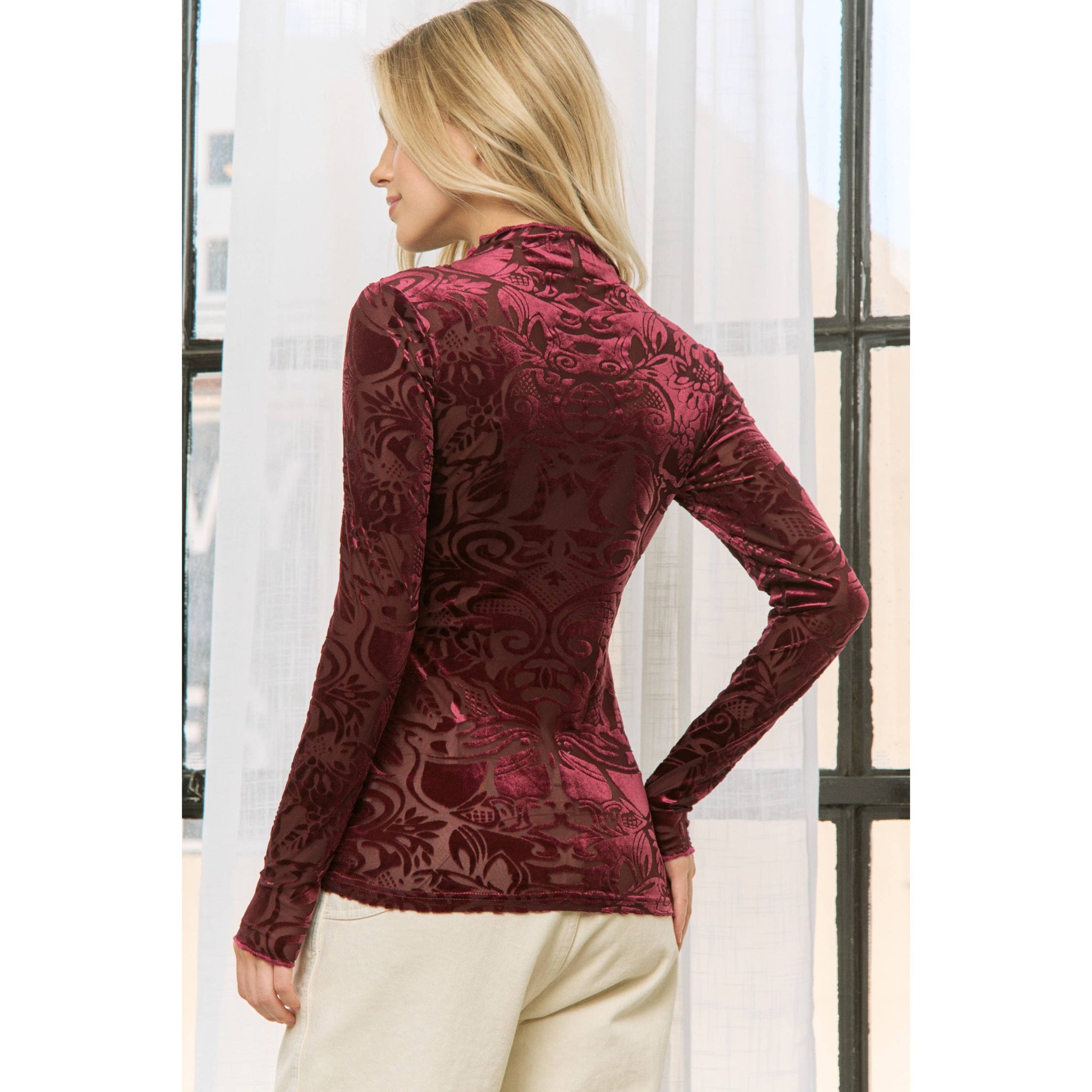 VELVET BURN OUT SLIM FIT HIGH NECKLINE TOP: