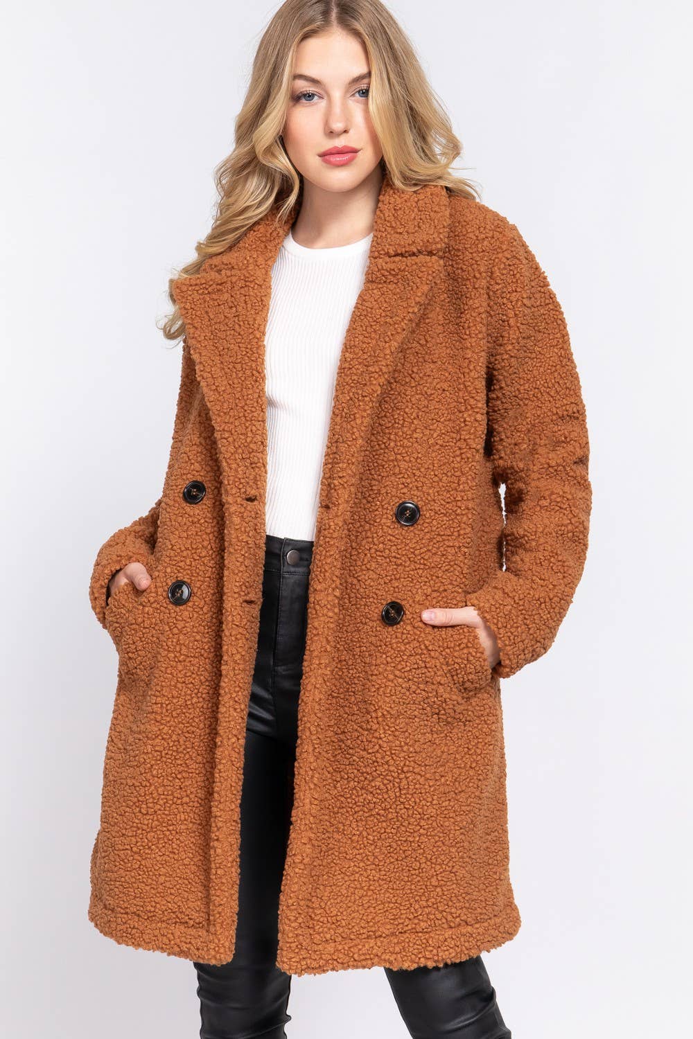 Long Sleeve Double Breasted Faux Fur Teddy Coat: Kha-Camel