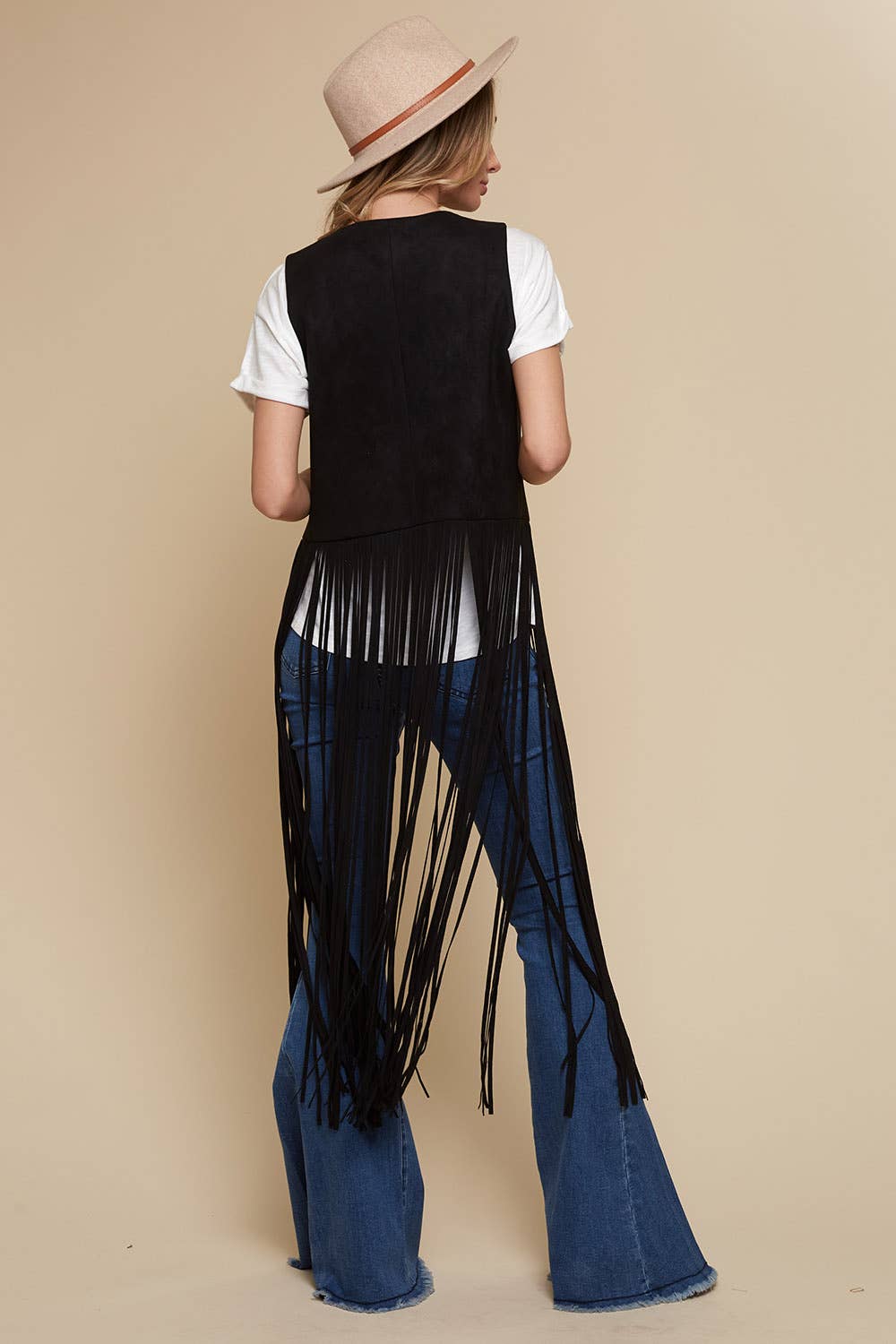 SIJ5201A BLACK LONG FRINGE FAUX SUEDE WESTERN  VEST