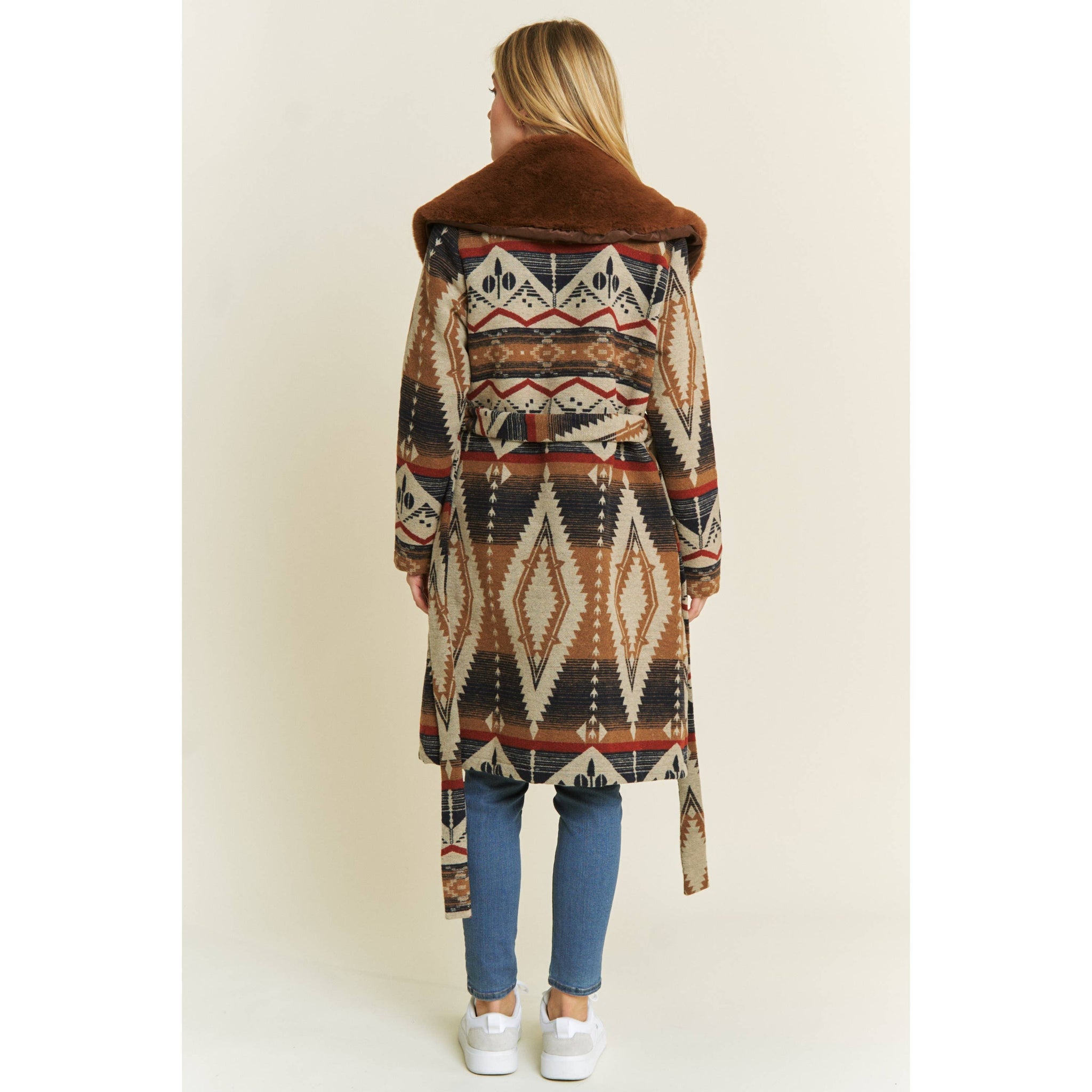 AZTEC JACKET SHACKET WITH CONTRAST FUR SHOWL COLLAR: Navy