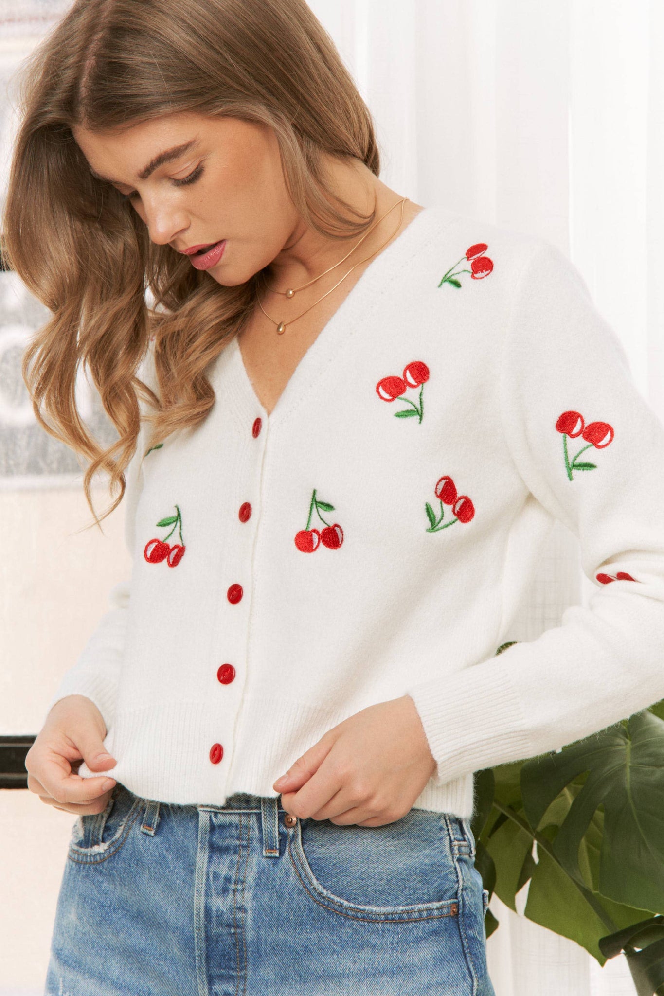 CUTE CHERRY EMBROIDERY ACCENT SWEATER PULLOVER