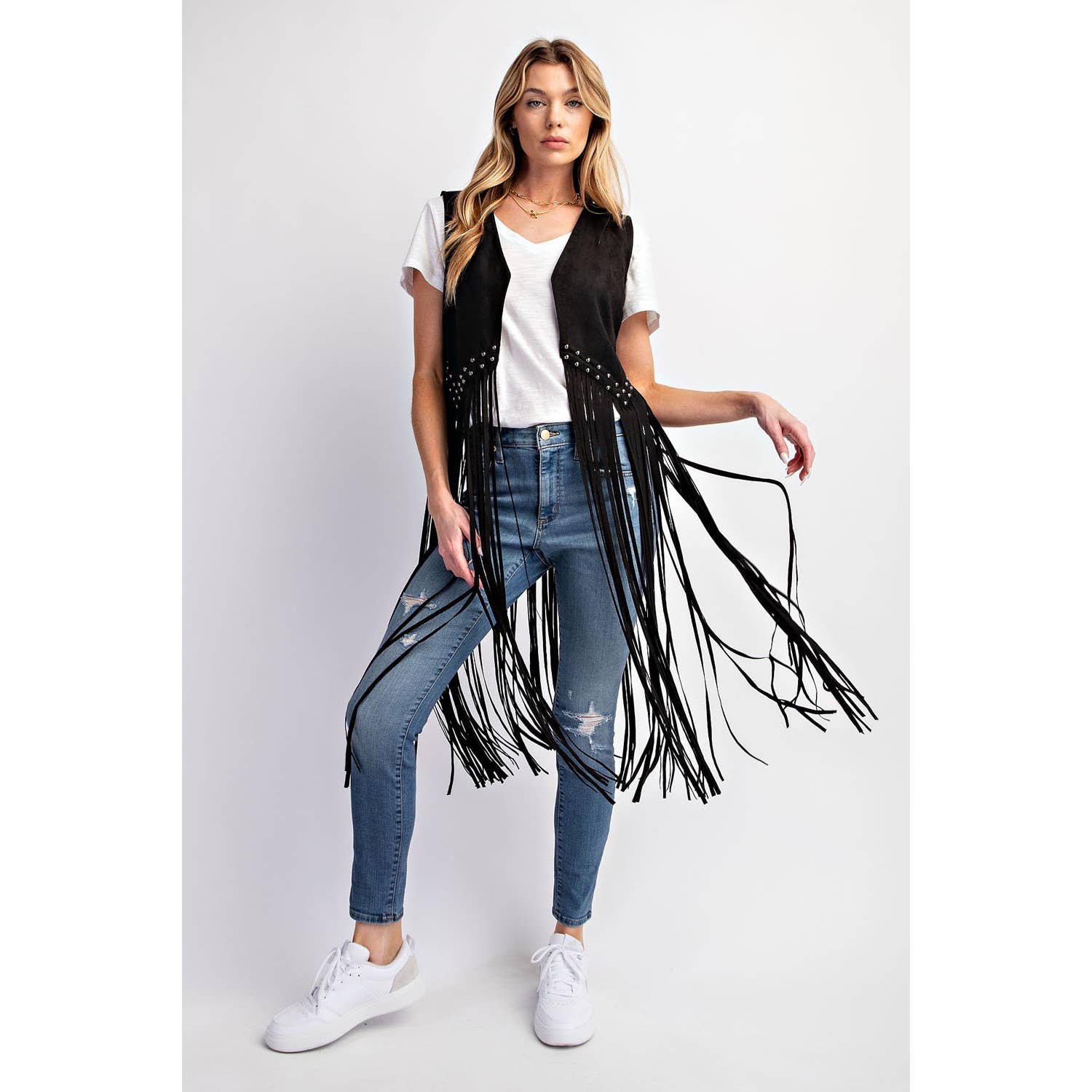 SUEDE STUDDED DETAIL FRINGE HEM VEST: Black