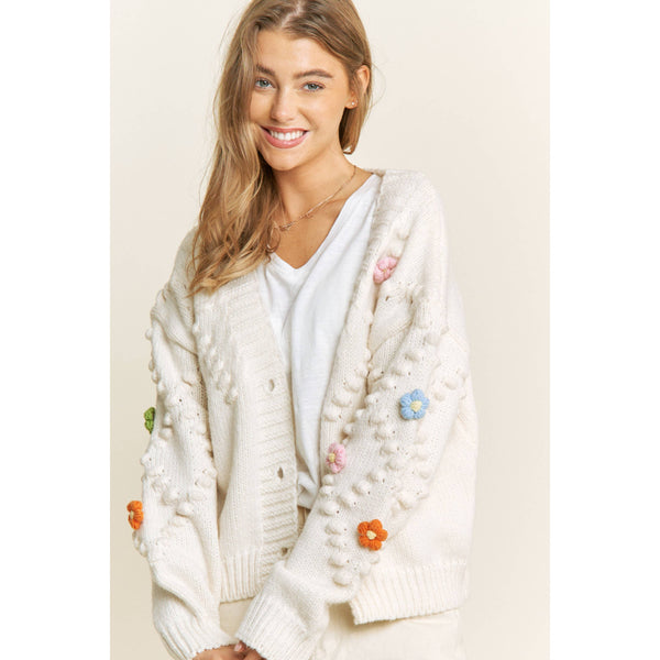SWEET 3D FLOWER DETACHABLE PATCH KNITTING CARDIGAN: Cream