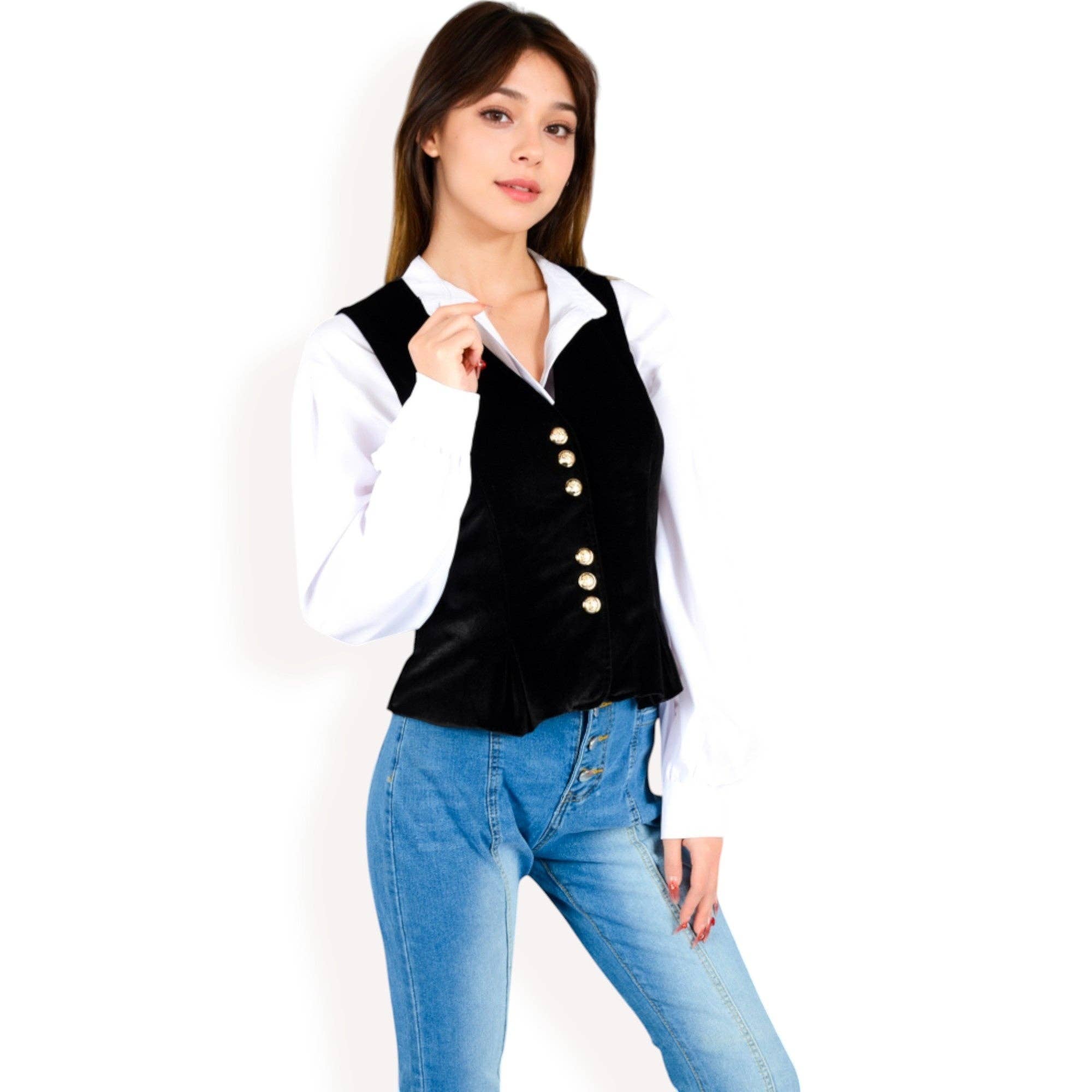 Velvet Peplum Vest with Button Detai: Black