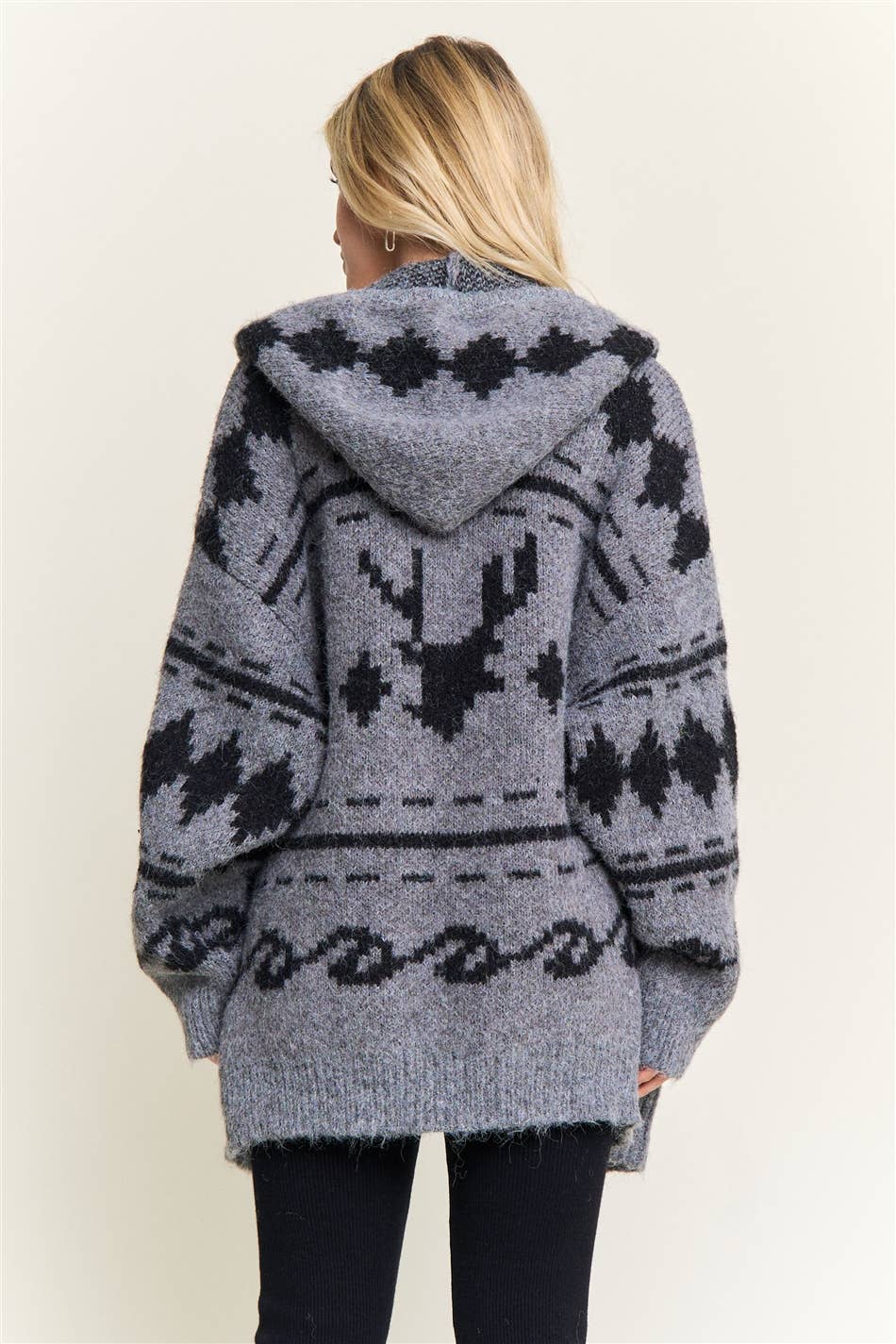 CESW4139-ZIP-UP AZTEC HOODED KNIT CARDIGAN:ONESIZE