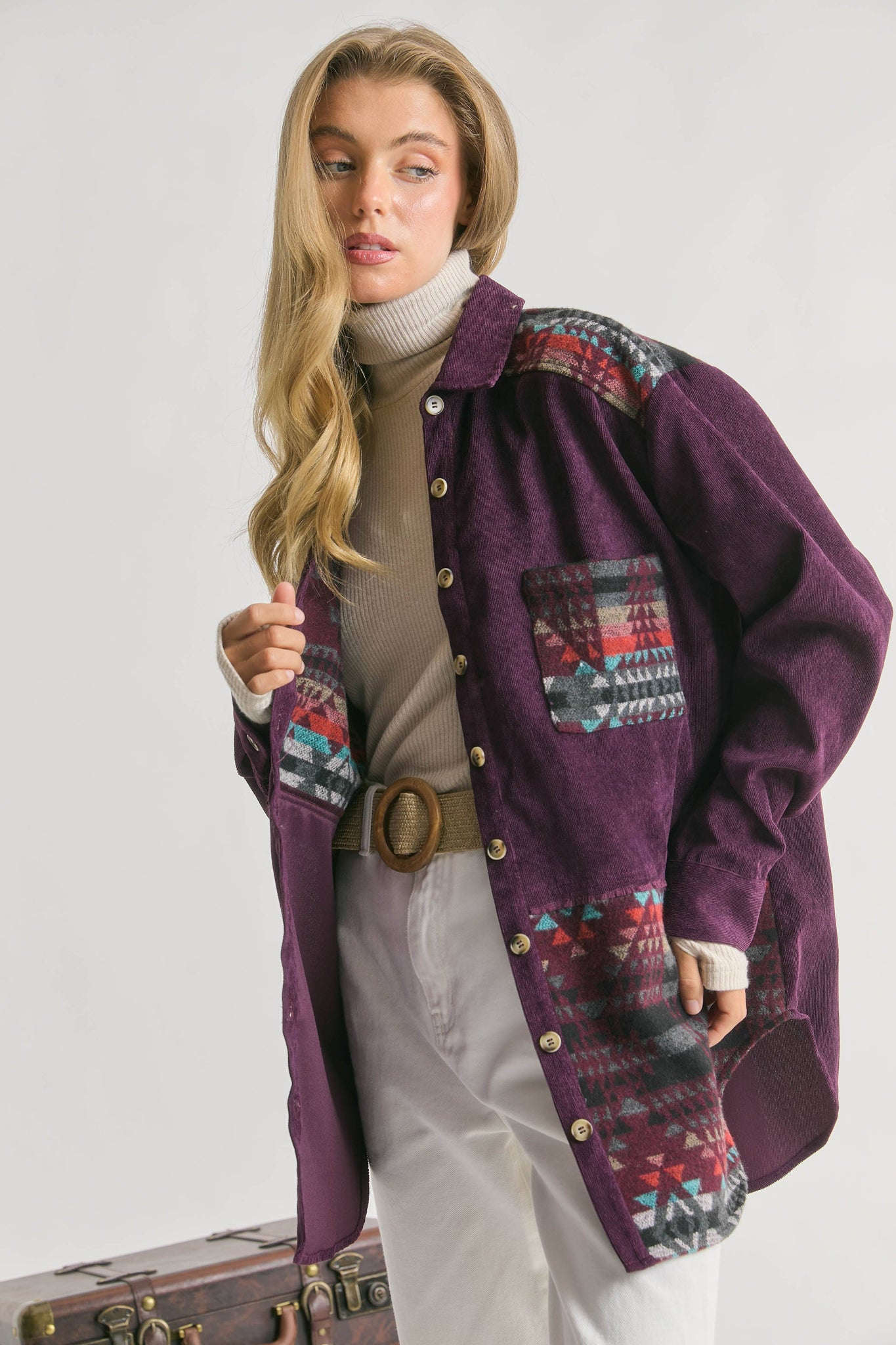 GEO JACQUARD WEAVING CONTRAST BUTTON FRONT SHIRT