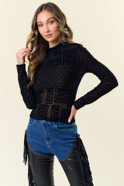 BLOCK MESH MOCK NECK TOP