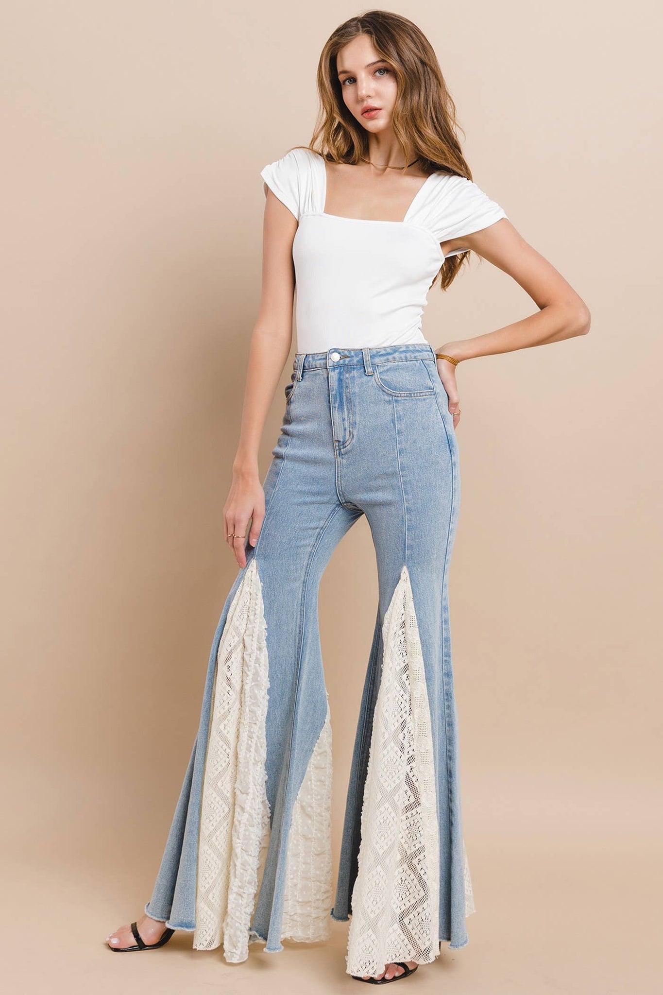 LACE DETAIL WIDE LEG JEANS 2481PIB LIGHT DENIM: LIGHT DENIM