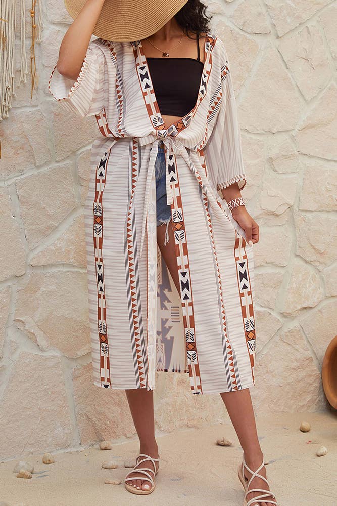 Aztec Geometric Print Long Open Kimono ZK1492: White / One Size