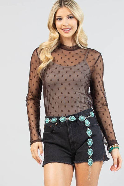 AV1276-POLKA TOP SHEER MESH TOP: Brown