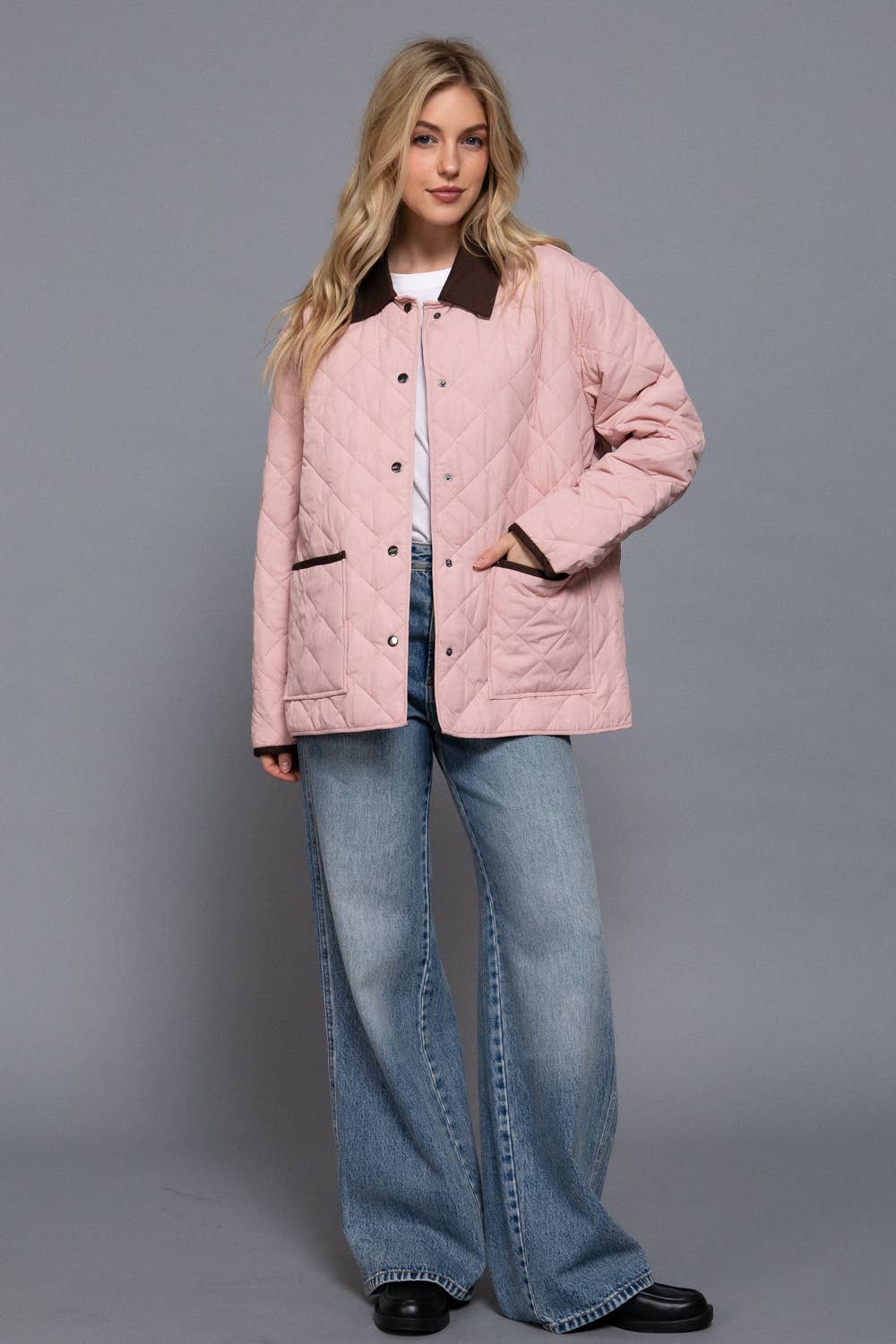 Long Sleeve Contrast Lapel Collar Quilted Puffer Work Jacket:
