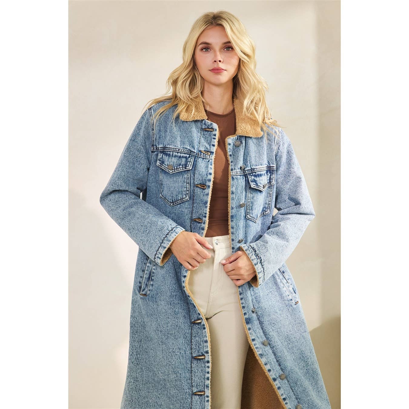 Teddy Lined Long Denim Jacket: Med Wash