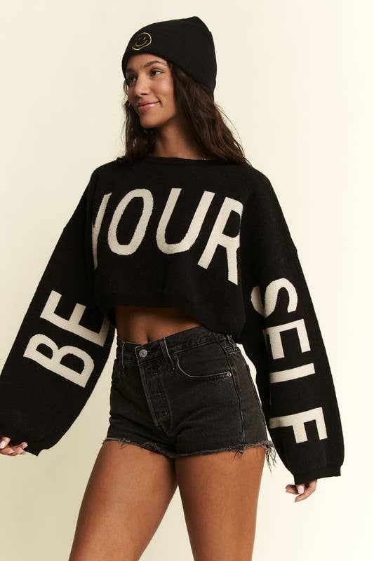 BE YOUR SELF SWEATER CROP TOP: Black