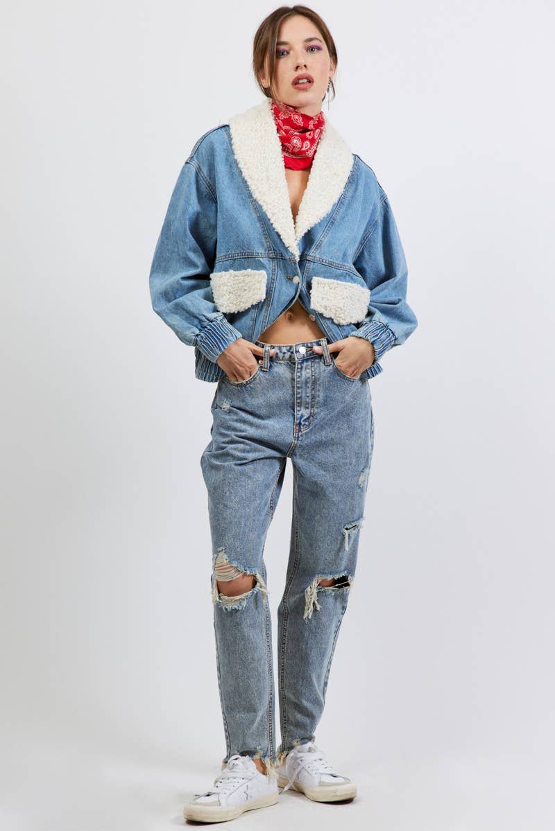 SHAWL COLLAR DENIM JACKET WITH FUR DETAIL S5778A: MEDIUM DENIM / MEDIUM