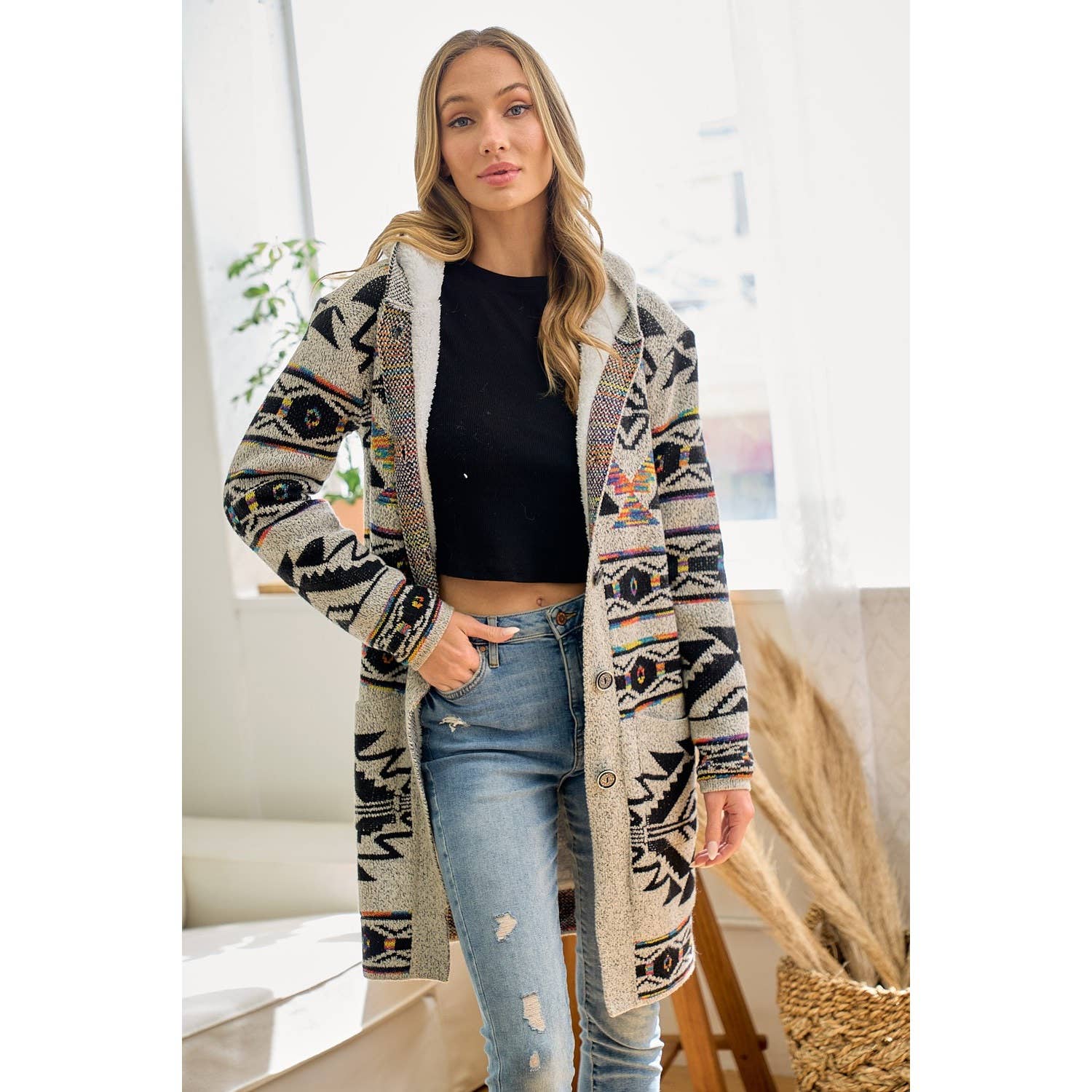 Rainbow Aztec Long Sleeve Hooded Sweater Cardigan: OATMEAL MULTI