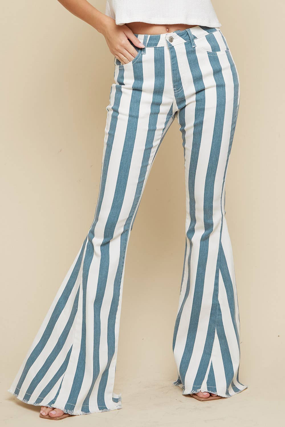 DEEP TEAL STRIPED WASHED DENIM BELL BOTTOMS: CREAM/DEEP TEAL