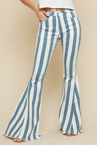 DEEP TEAL STRIPED WASHED DENIM BELL BOTTOMS: CREAM/DEEP TEAL