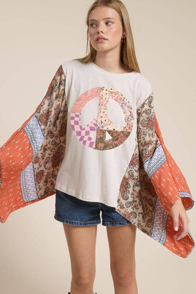 Boho Peace Floral Vintage Graphic Kantha Top: ANTIQUE WHITE/RUST