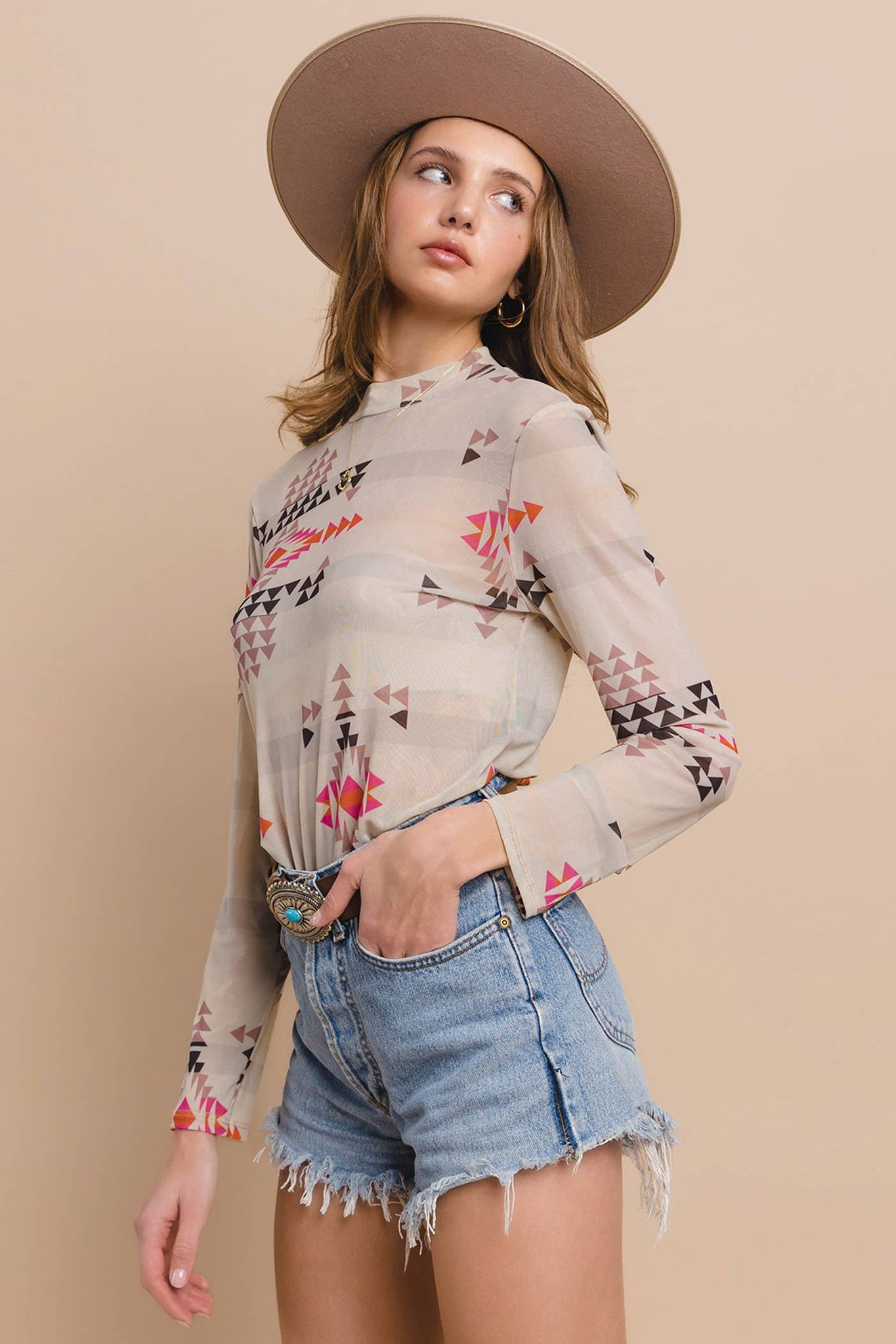 T1502-5273-Western Aztec Print Mesh Mock Neck Top: WESTERN PRINT