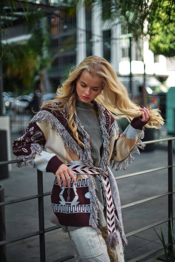 Fringe Trim Jacquard Knit Belted Cardigan: BLUE BROWN