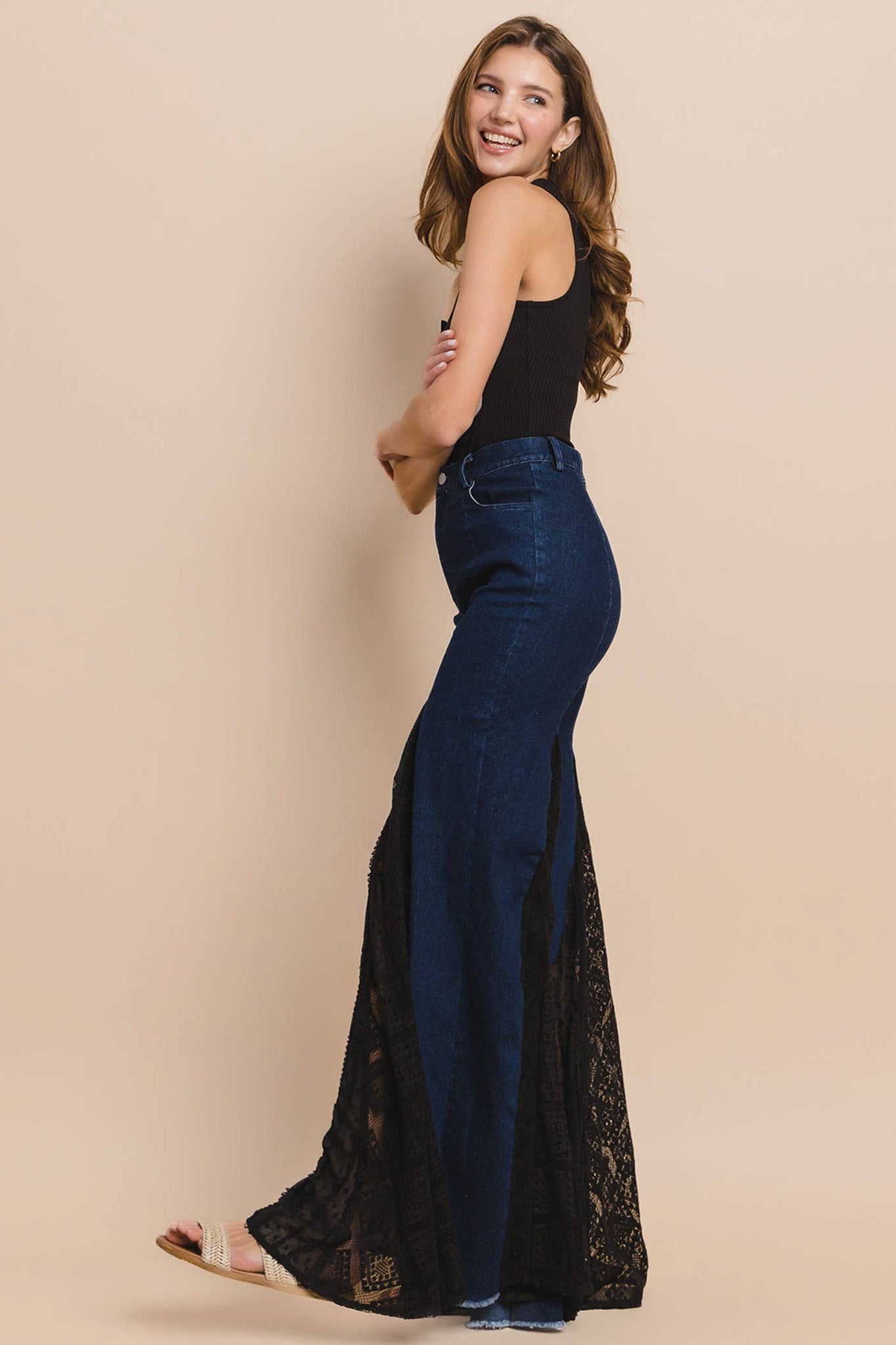 LACE DETAIL WIDE LEG JEANS 2481PIB DK DENIM : DARK DENIM