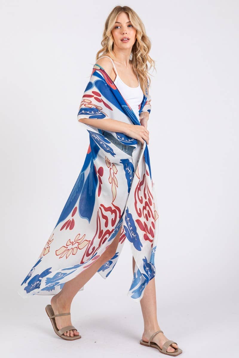Boho Floral Print Long Kimono: MULTI