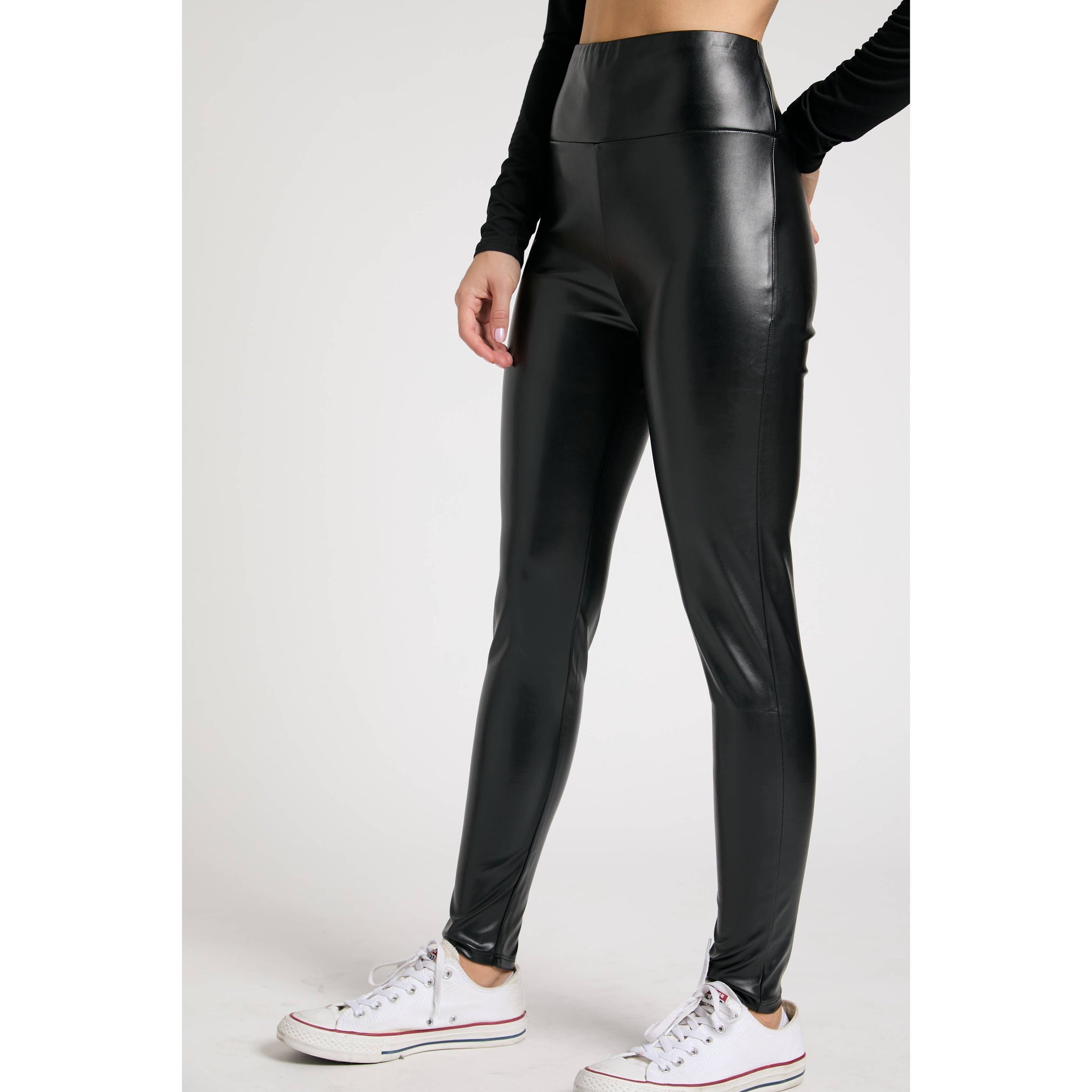 High Wiast Seamed Skinny Faux Leather Long Pants: Black