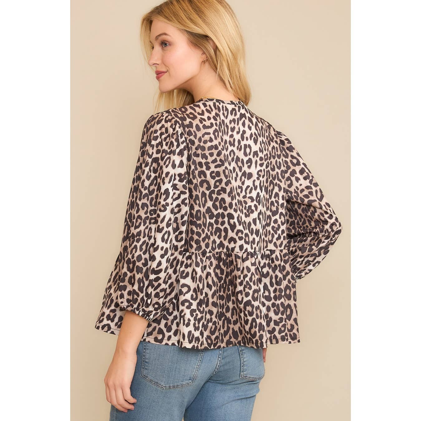 ANIMAL WOVEN PRINT OPEN FRONT BABYDOLL TOP BLOUSE WITH BOW D: Brown Multi