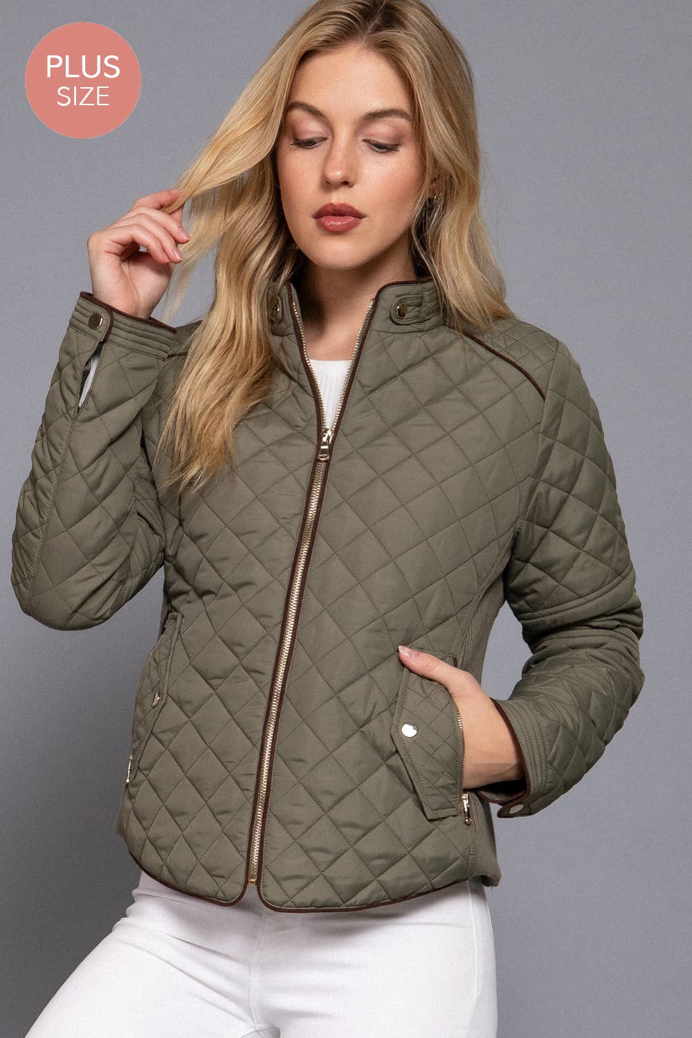 Suede Piping Detail Rib Quilted Padding Jacket: OLV-olive