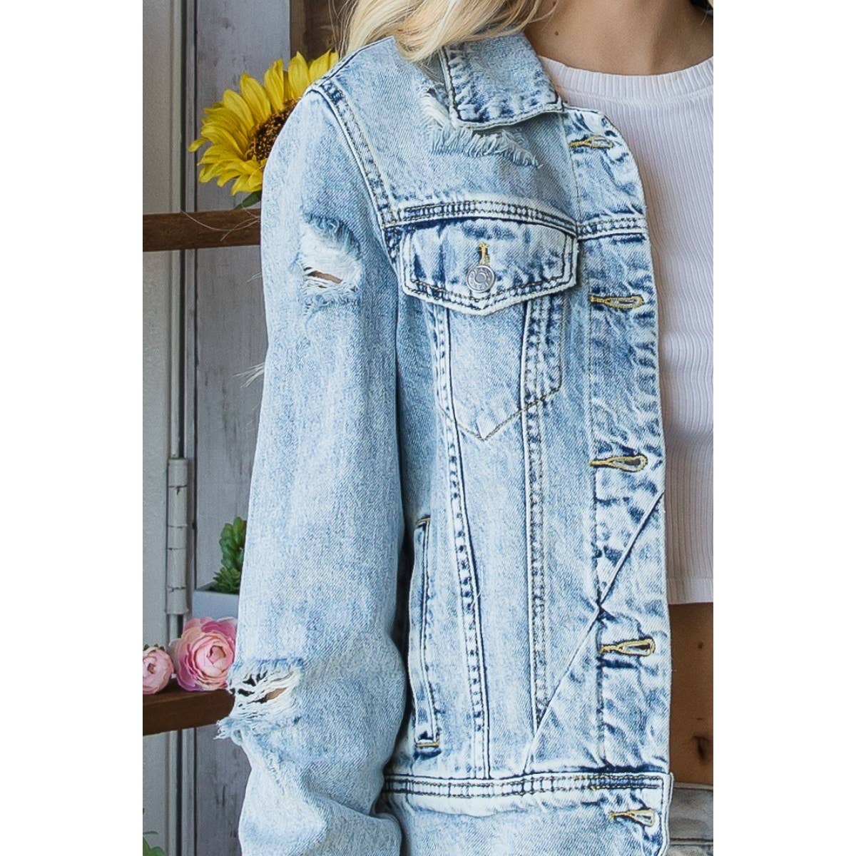 Cropped Denim Jacket with Asymmetric Seam: Med Wash