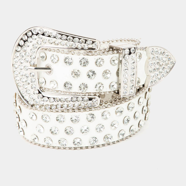 Rhinestone Trim Studded Faux Leather Belt: WH