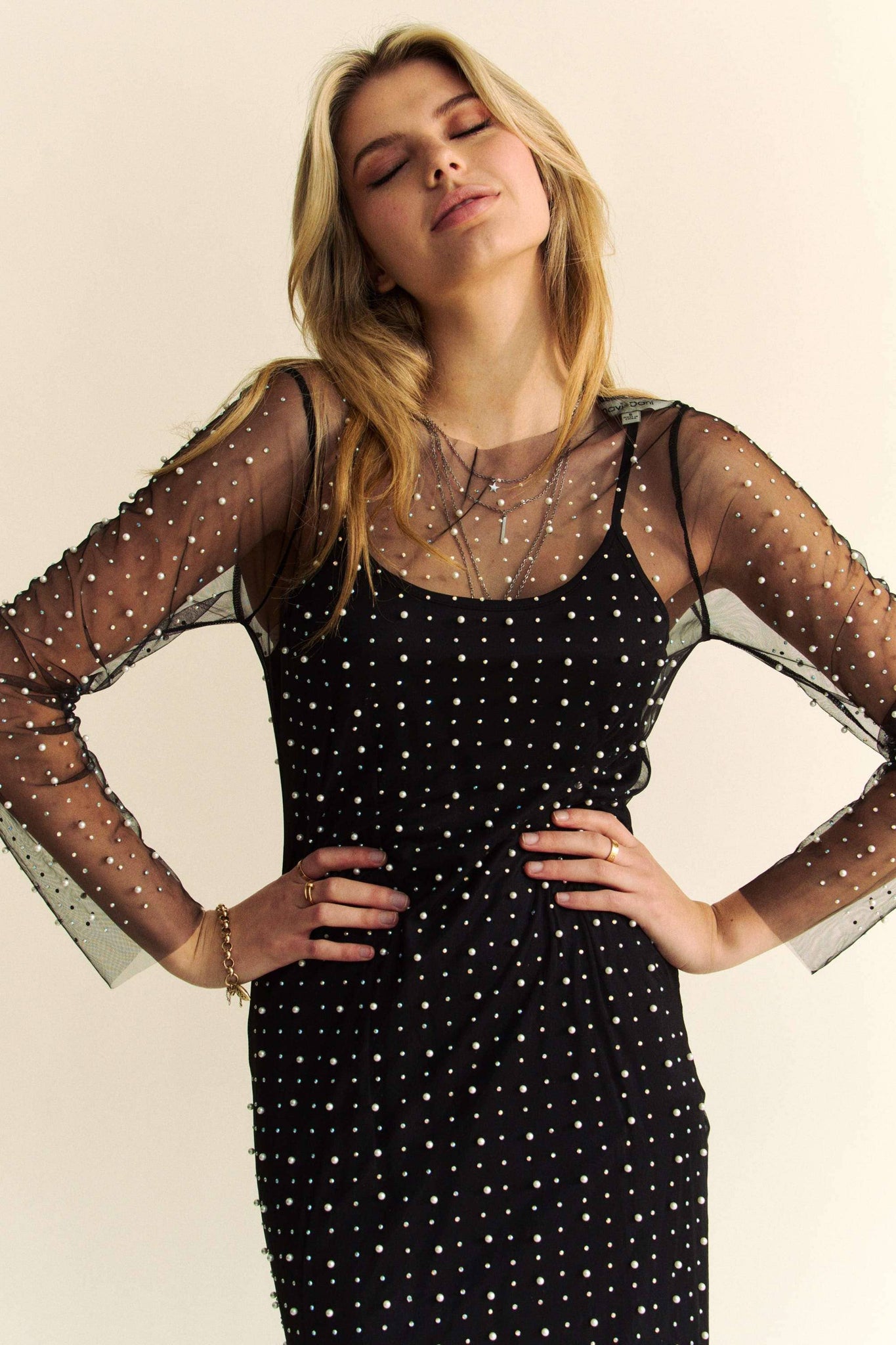 MESH PEARL RHINESTONE COVER UP WITH INNER DRESS