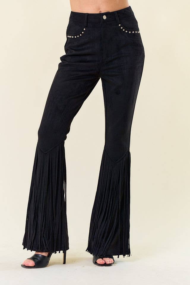 SIP6365A BLACK STUDDED FRINGED FAUX SUEDE PANTS
