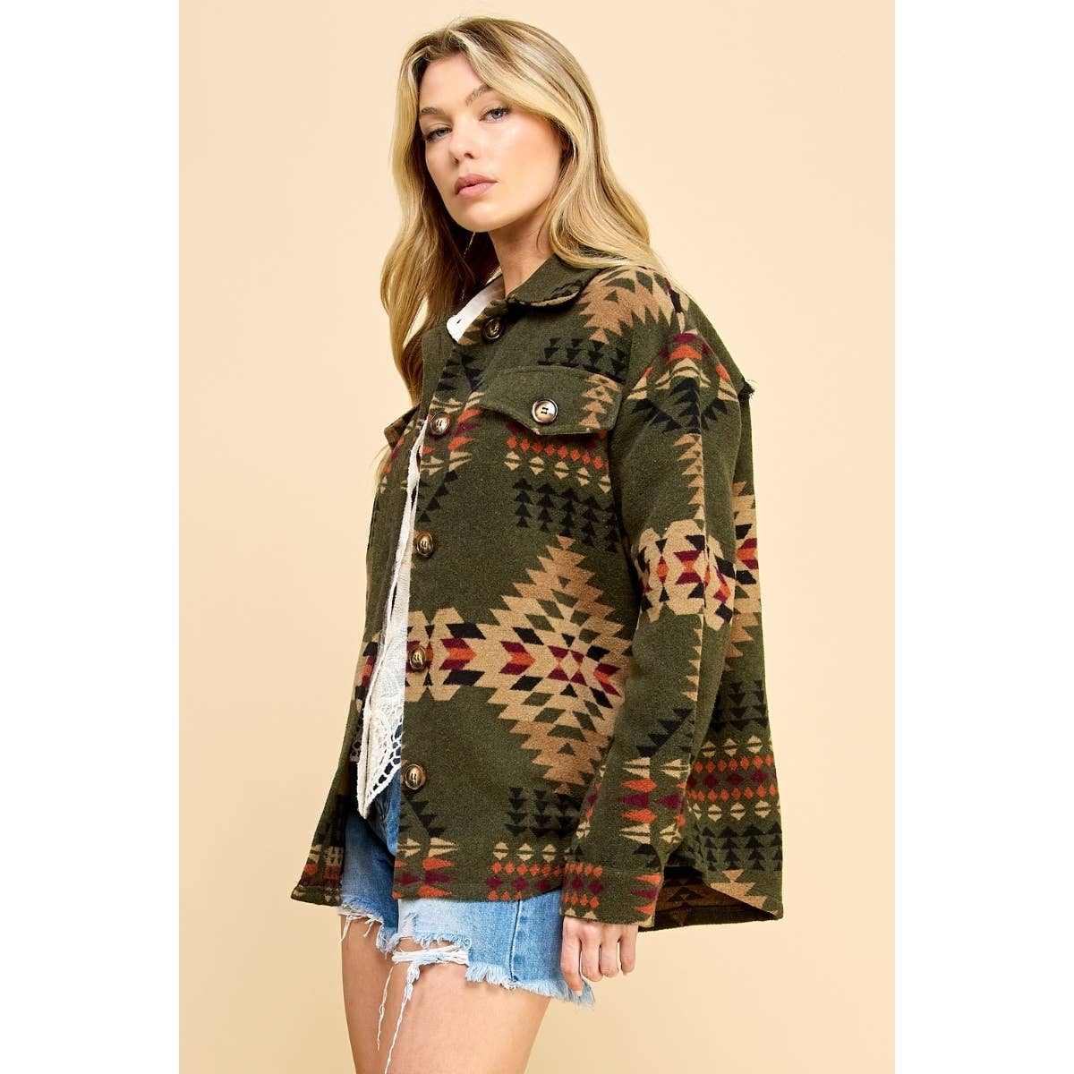 VJ71485 - Aztec Print Shacket : Olive Combo